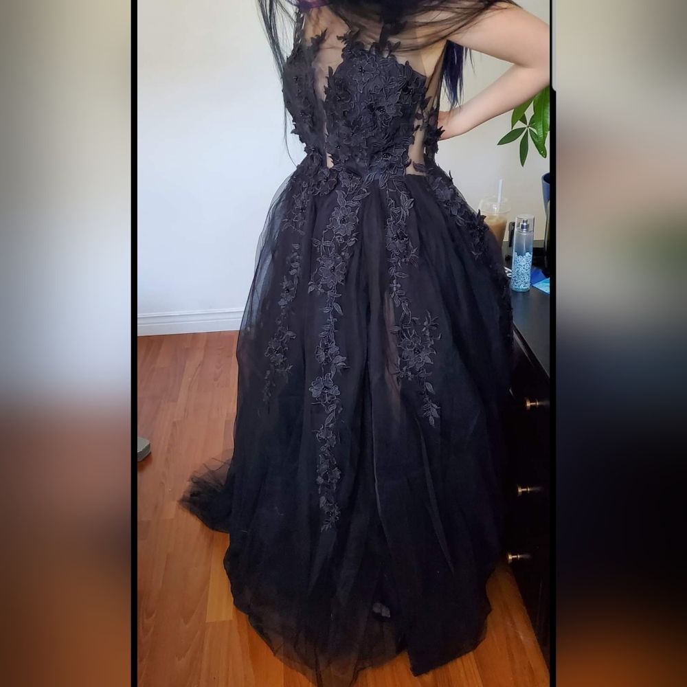 Blissgown Black Floral Lace A Line Ball Gown W/ Slit Leg